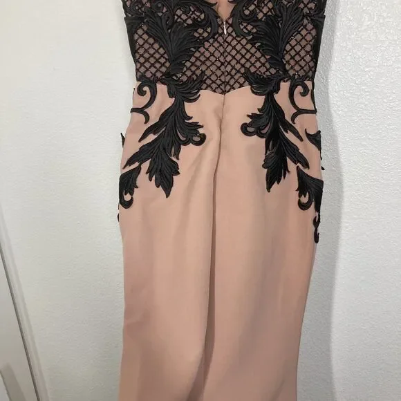 Portia & Scarlett Y2K Dress Small Nude Black Embroidered Fitted Gown Formal - Picture 6 of 13